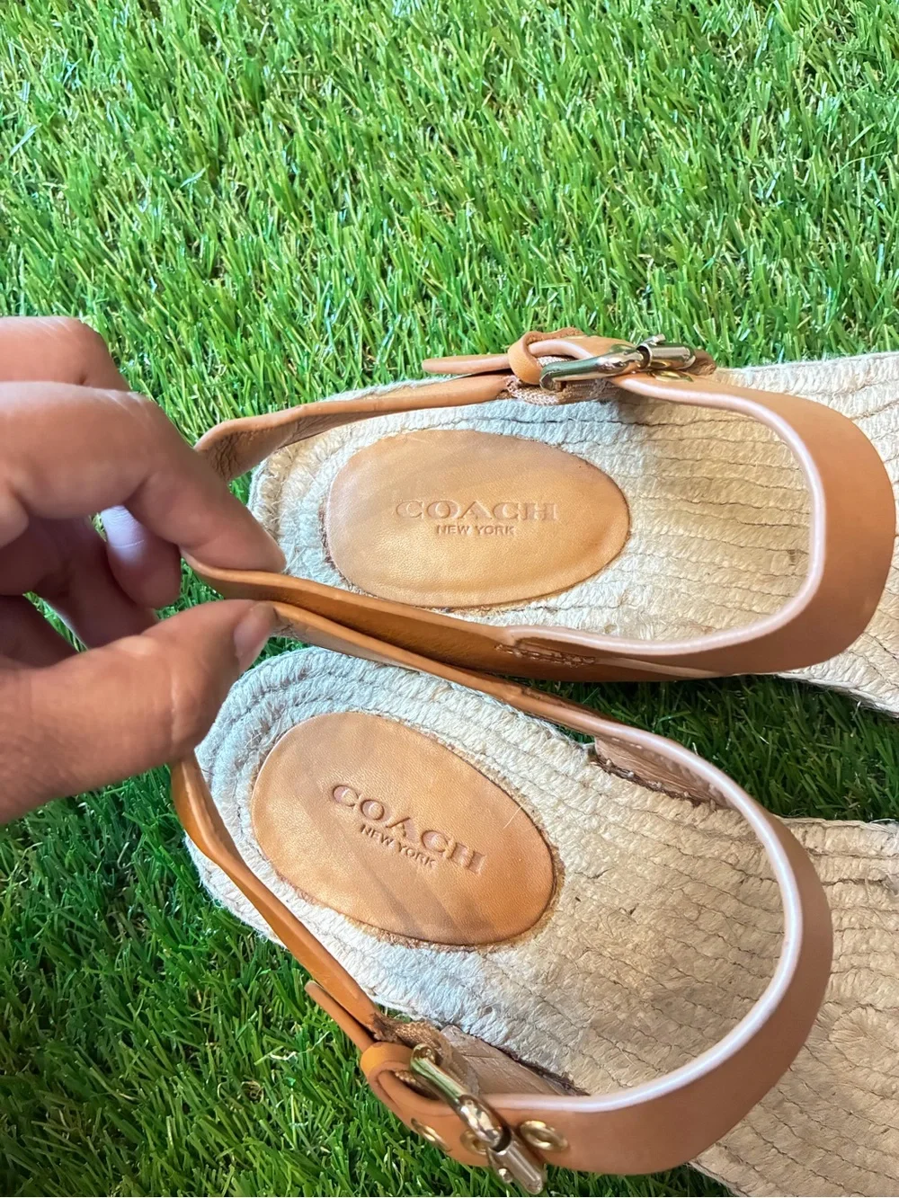 Coach Reena Blue Stripe Espadrille Sandals Leather Size 11 Coastal resortwear